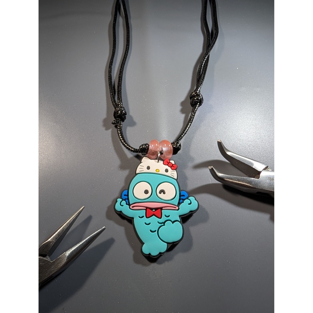 Sanrio Hangyodon Hello Kitty Crossover PVC Charm Necklace Adjustable Black Cord